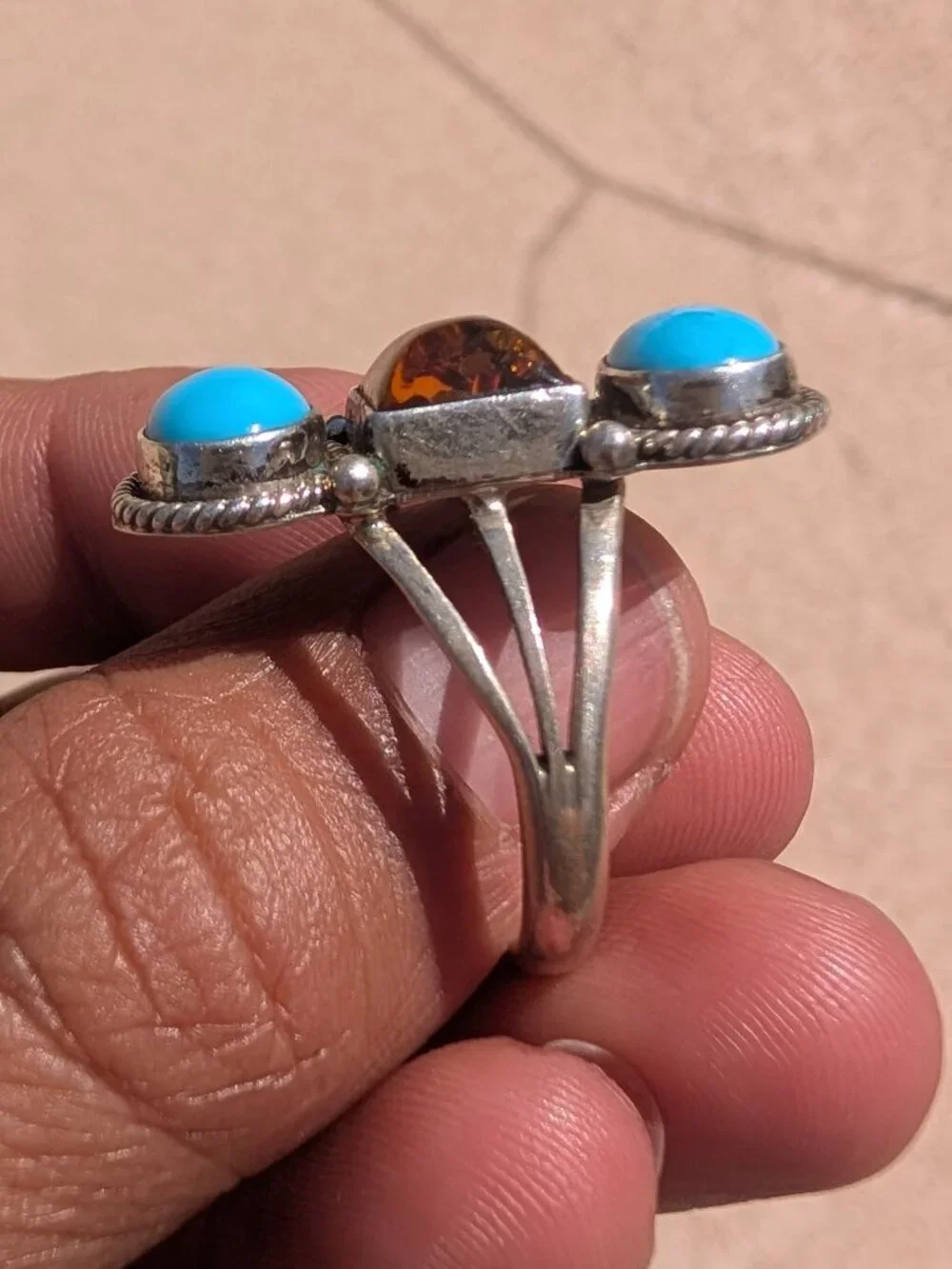 Native American Ring Turquoise & Amber Size 7.5 Sterling Silver 6g Signed RB